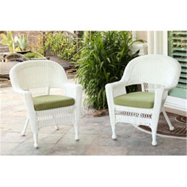 Jeco Jeco W00206-C-2-FS029-CS White Wicker Chair with Green Cushion - Set of 2 W00206-C_2-FS029-CS